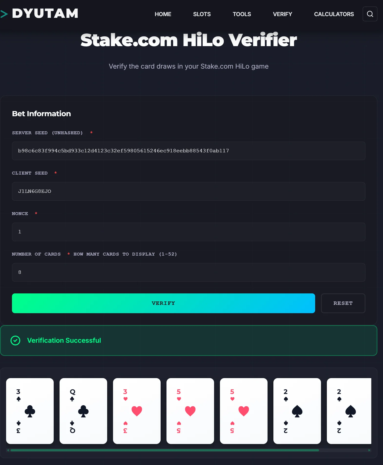 stake hilo provably fair verification