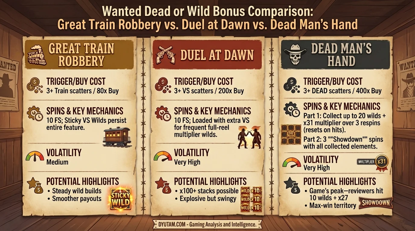 wanted dead or wild slot bonuses breakdown - dead mans hand, great train robbery duel at dawn