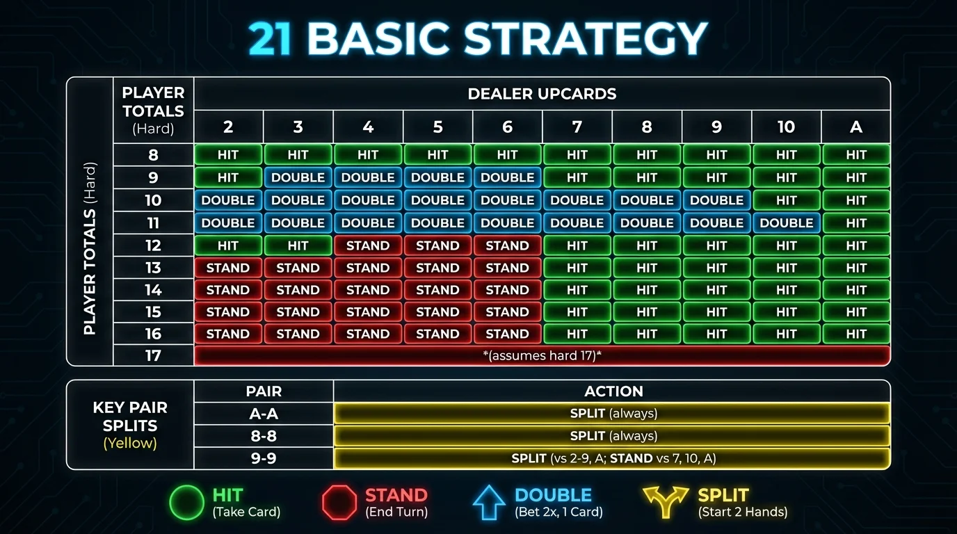 21 Basic Strategy Chart showing optimal decisions for every hand combination
