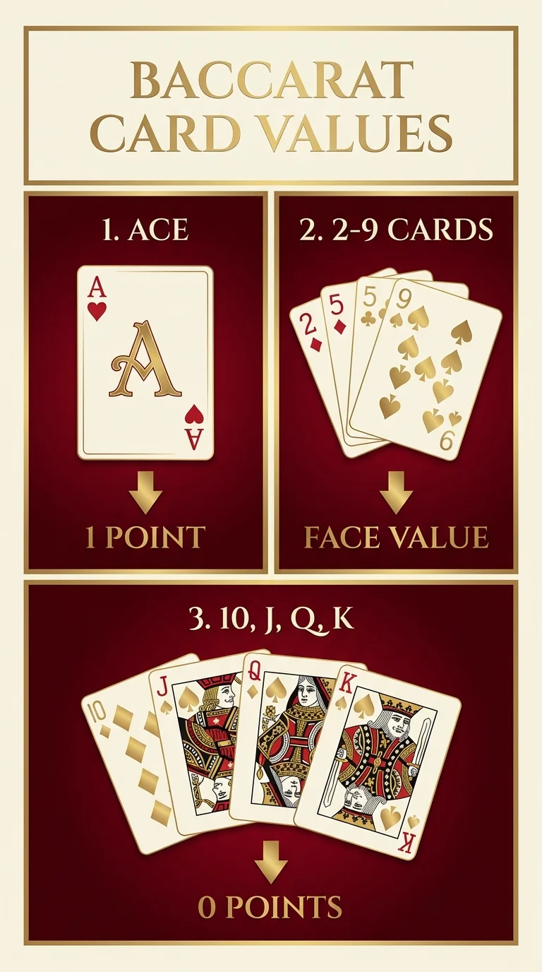 Baccarat Card Values Chart showing Ace=1, 2-9=face value, 10/J/Q/K=0