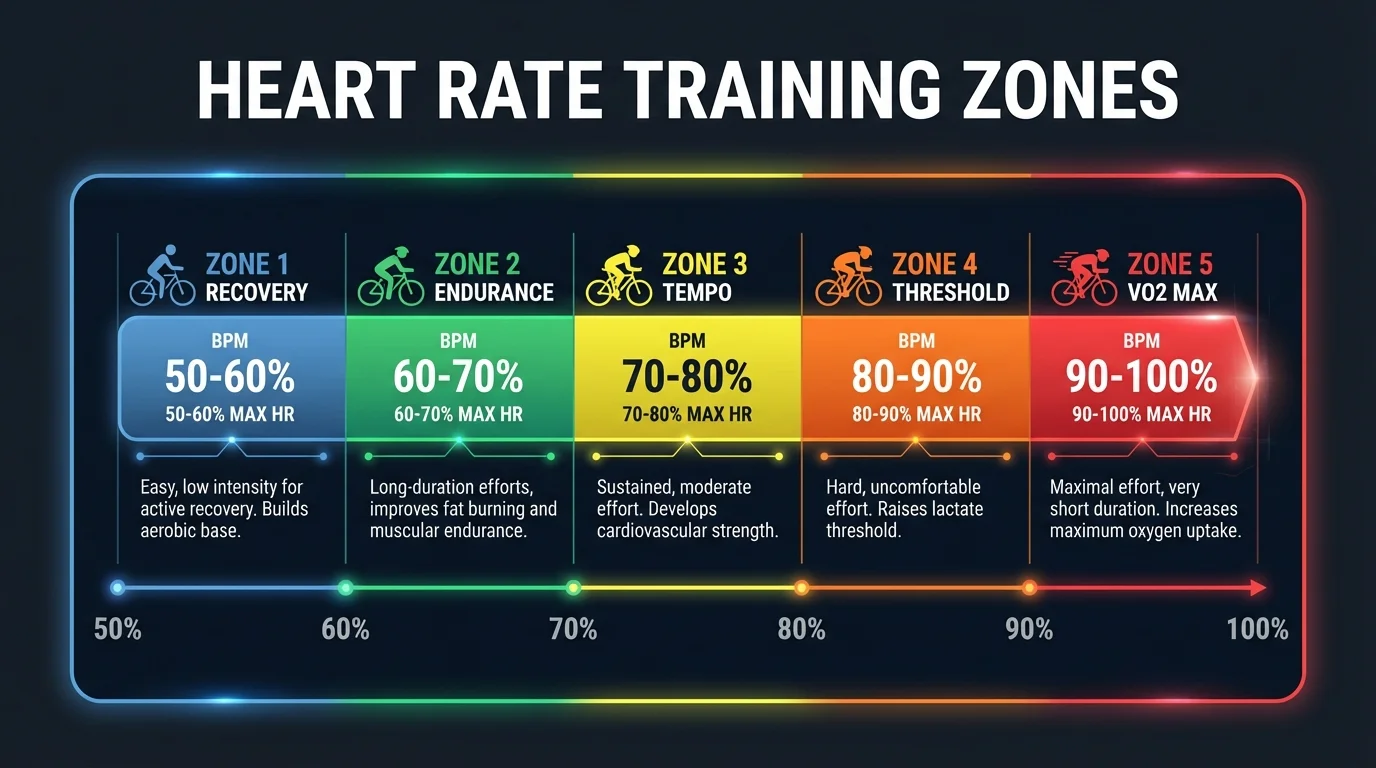 Heart rate training zones chart showing 5 zones from Recovery to VO2 Max with BPM percentages
