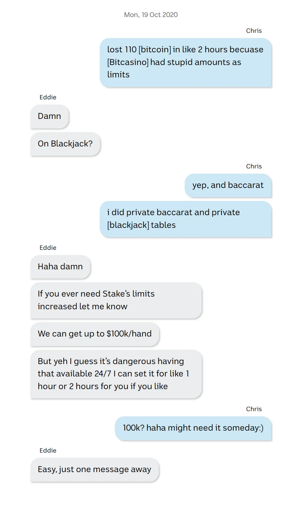 conversation between ed craven and chris(teenage gambler) about losing $2.3 million at bitcasino