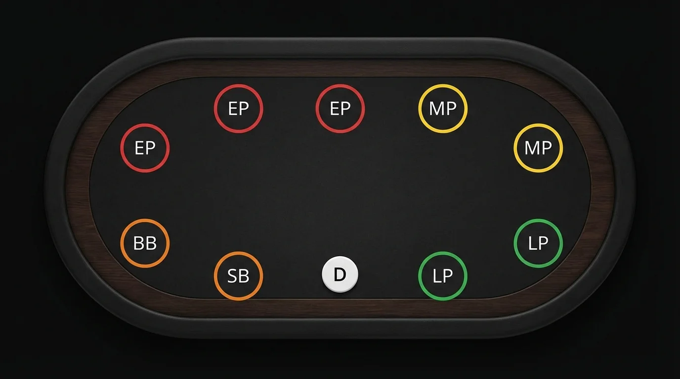 Poker Table Positions Diagram showing Dealer, Small Blind, Big Blind