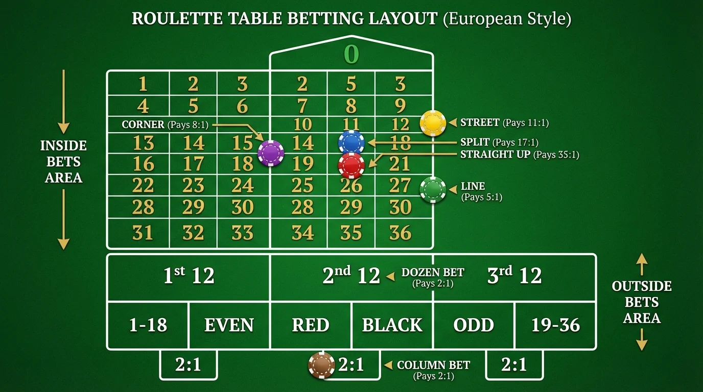 Roulette Table Betting Layout Diagram showing chip placement for different bet types