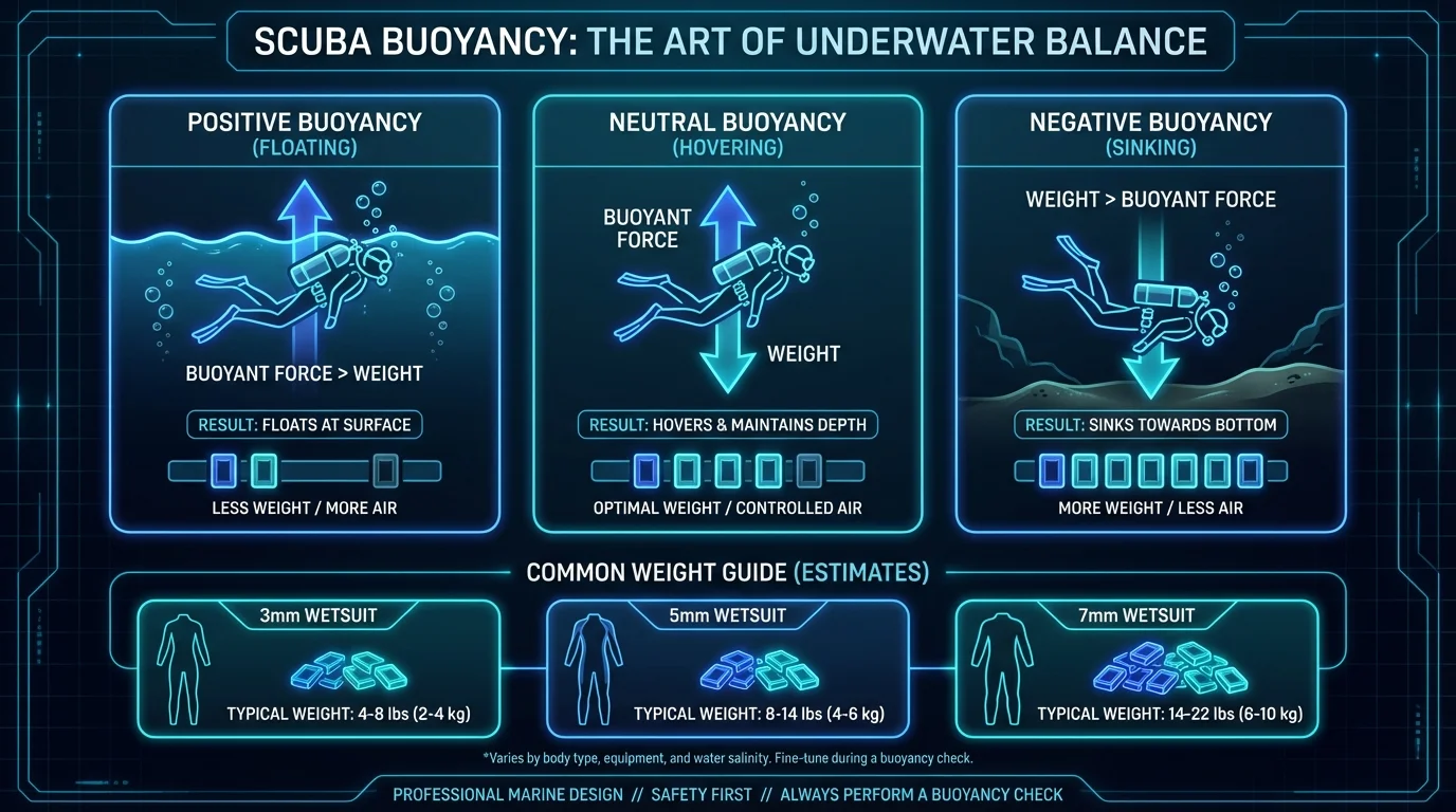 Scuba Buoyancy: Positive, Neutral, and Negative States Technical Infographic