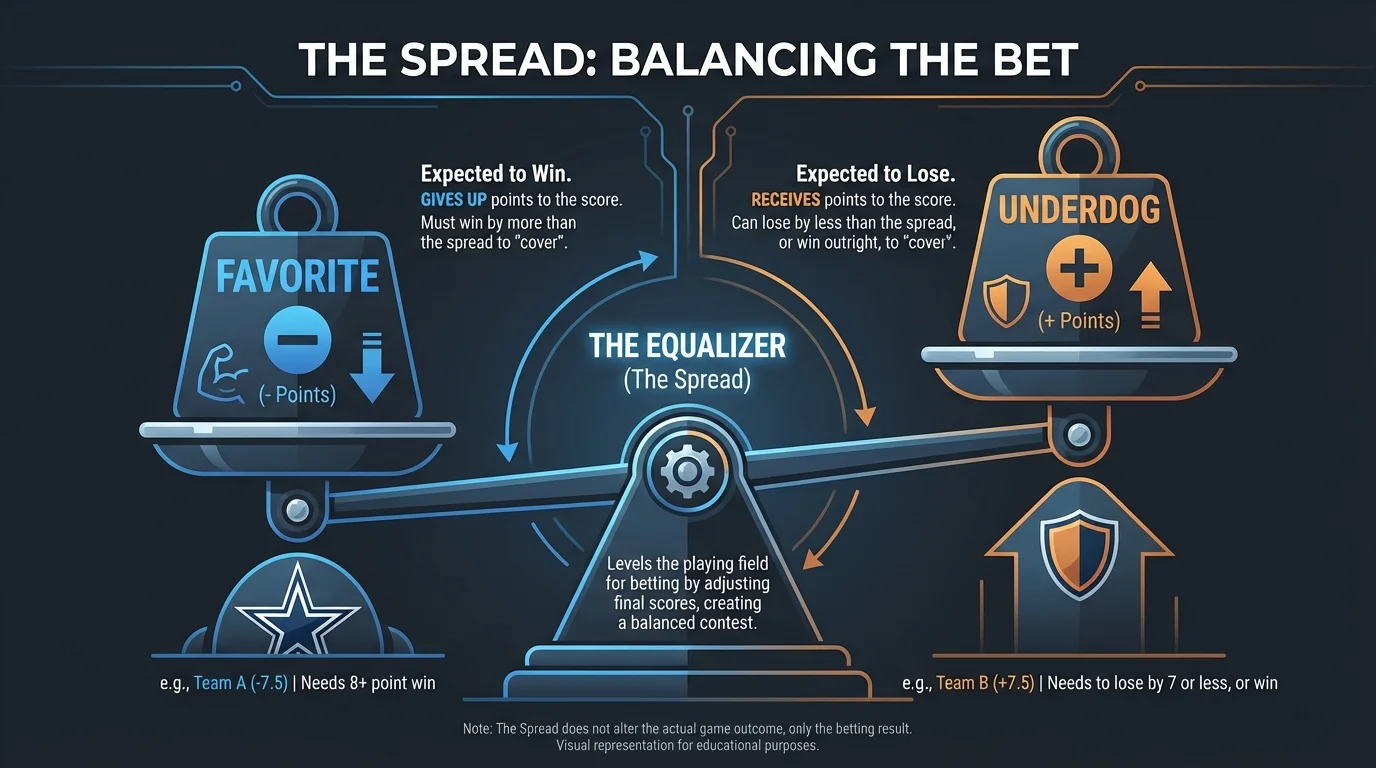 Infographic showing how a point spread balances a favorite and underdog