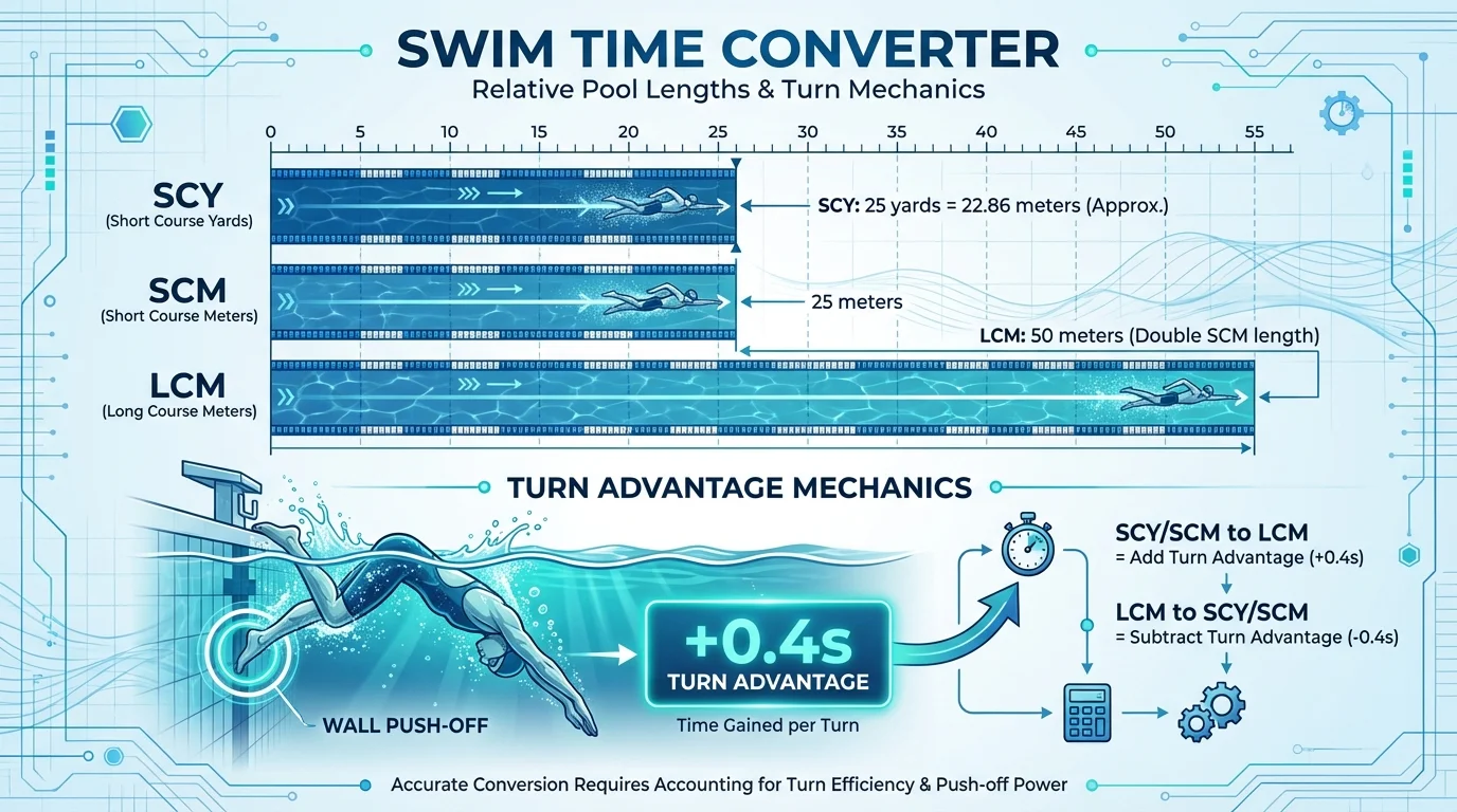 Swim Time Conversion: SCY, SCM, and LCM Pool Types Comparison Infographic