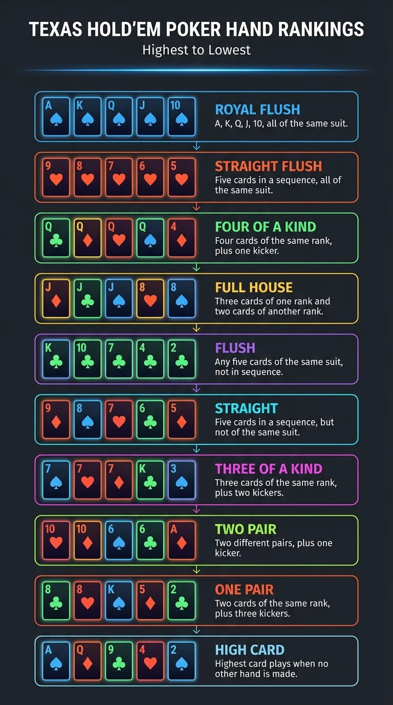 Poker Hand Rankings Chart from Royal Flush to High Card