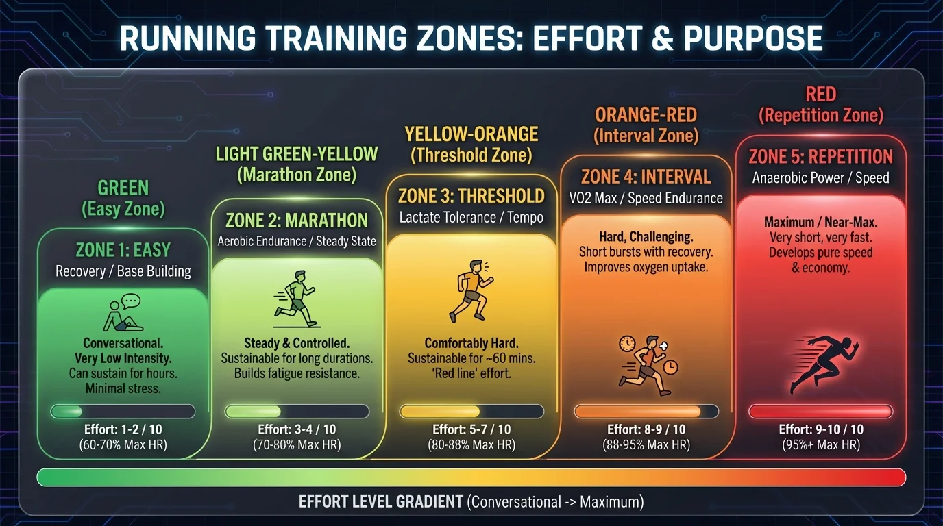Running Training Zones: Easy, Marathon, Threshold, Interval, Repetition