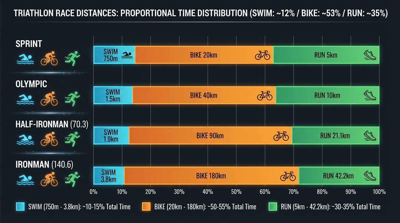 Triathlon distances comparison chart showing swim, bike, and run segments for Sprint, Olympic, Half-Ironman, and Ironman races