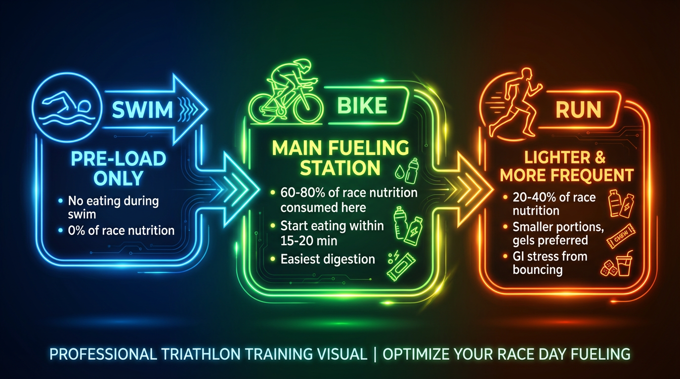 Infographic showing nutrition timing for swim, bike, and run legs of a triathlon with percentage breakdown