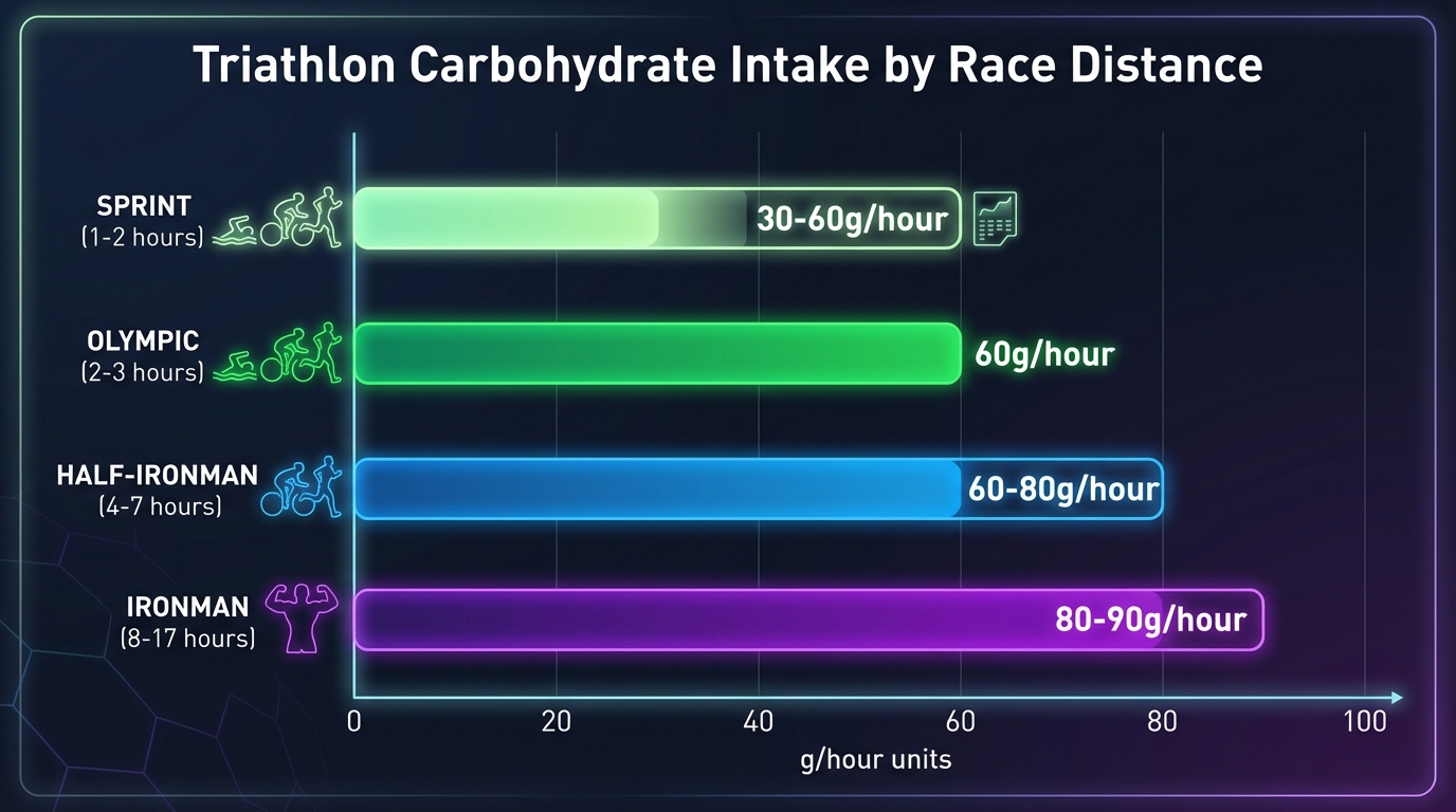 Chart showing recommended carbohydrate intake for Sprint, Olympic, Half-Ironman and Ironman triathlon distances