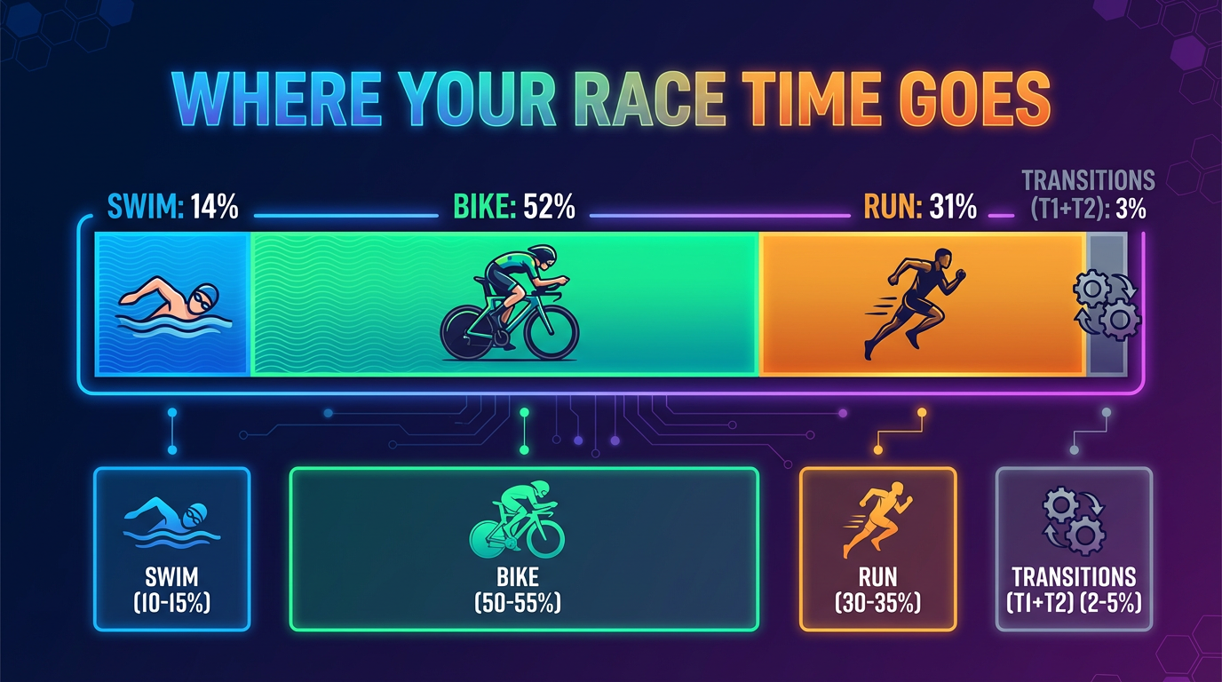 Infographic showing triathlon time distribution: Bike 50-55%, Run 30-35%, Swim 10-15%, Transitions 2-5%