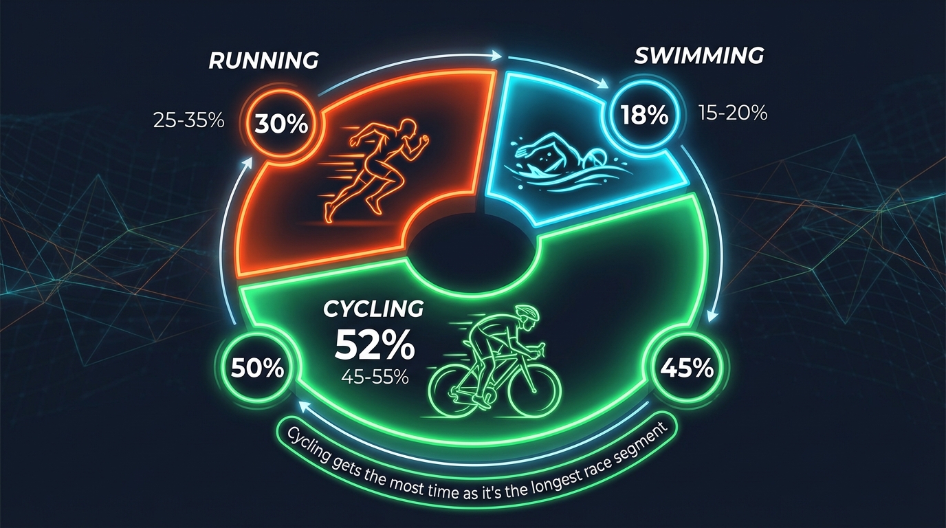 Chart showing triathlon training time distribution: Swimming 15-20%, Cycling 45-55%, Running 25-35%