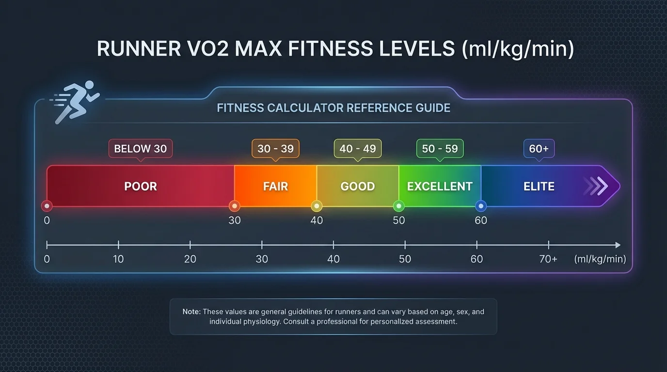 VO2 Max fitness levels chart showing Poor, Fair, Good, Excellent, and Elite zones in ml/kg/min