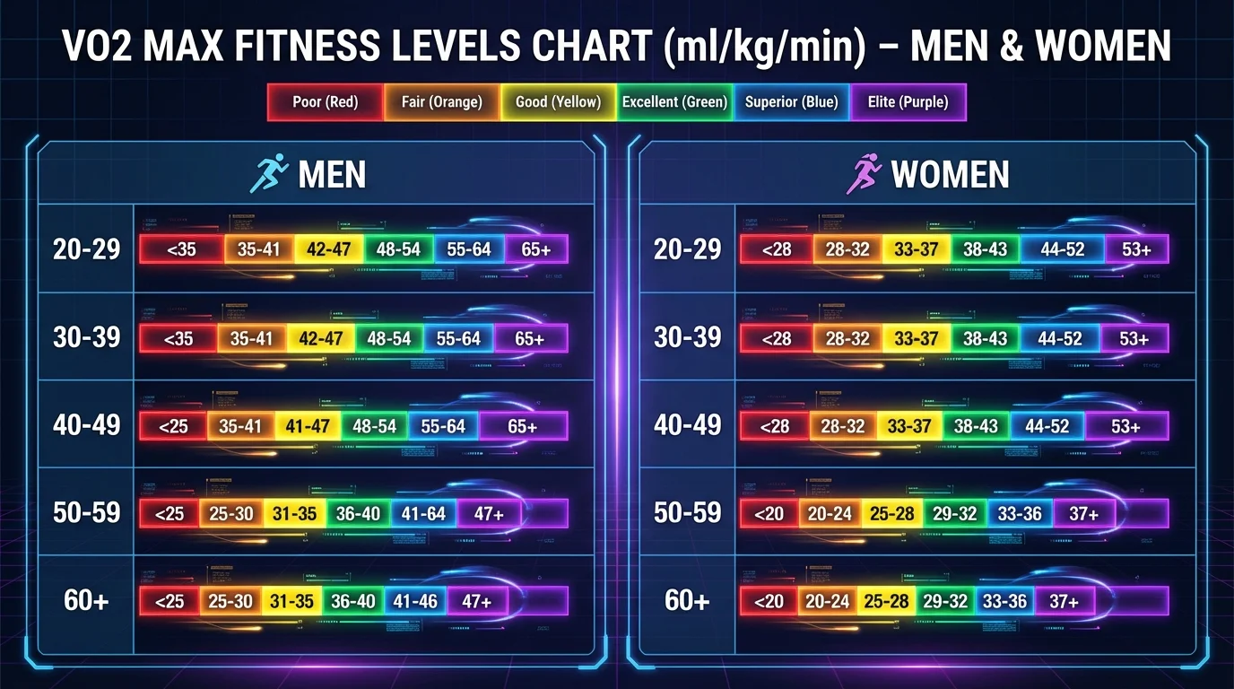 VO2 Max fitness levels chart showing Poor to Elite zones