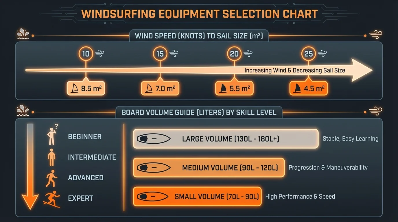 Windsurfing Equipment Selection: Sail Size vs Wind Speed and Board Volume Infographic Chart