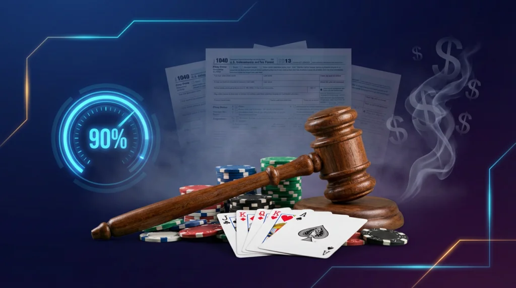 Gavel on casino chips and poker cards with IRS tax forms and 90 percent gauge representing 2026 gambling tax changes