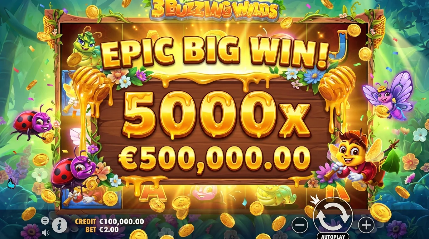3 Buzzing Wilds slot big win celebration showing maximum win potential