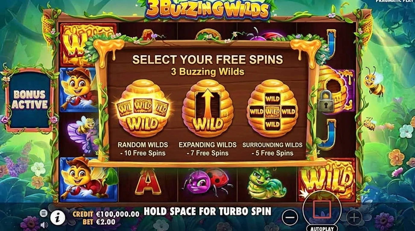 3 Buzzing Wilds Free Spins bonus selection screen with three wild options