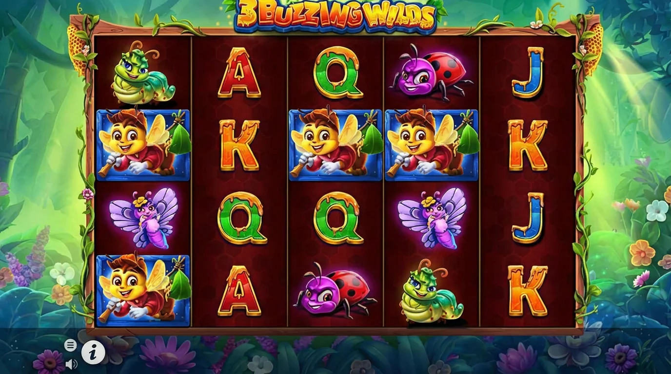 3 Buzzing Wilds slot game reels showing meadow theme with bee, butterfly and insect symbols