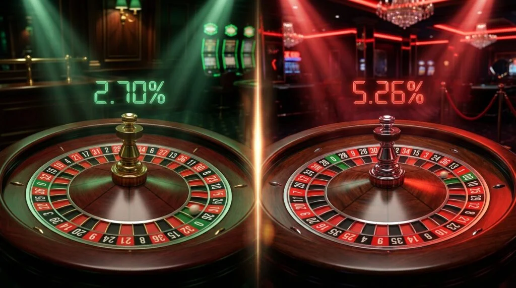 Split-screen comparison of European roulette wheel (2.70% house edge) and American roulette wheel (5.26% house edge)
