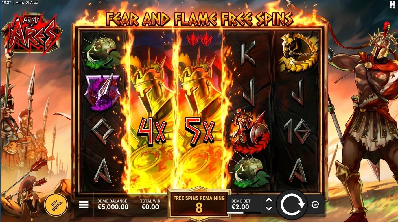 Army of Ares Fear and Flame bonus feature with multiplier wilds