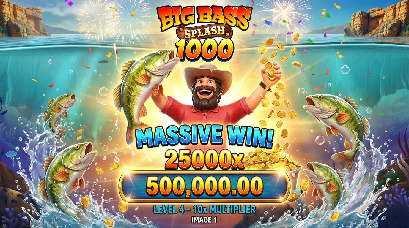 Big Bass Splash 1000 slot big win celebration showing 25000x max win potential