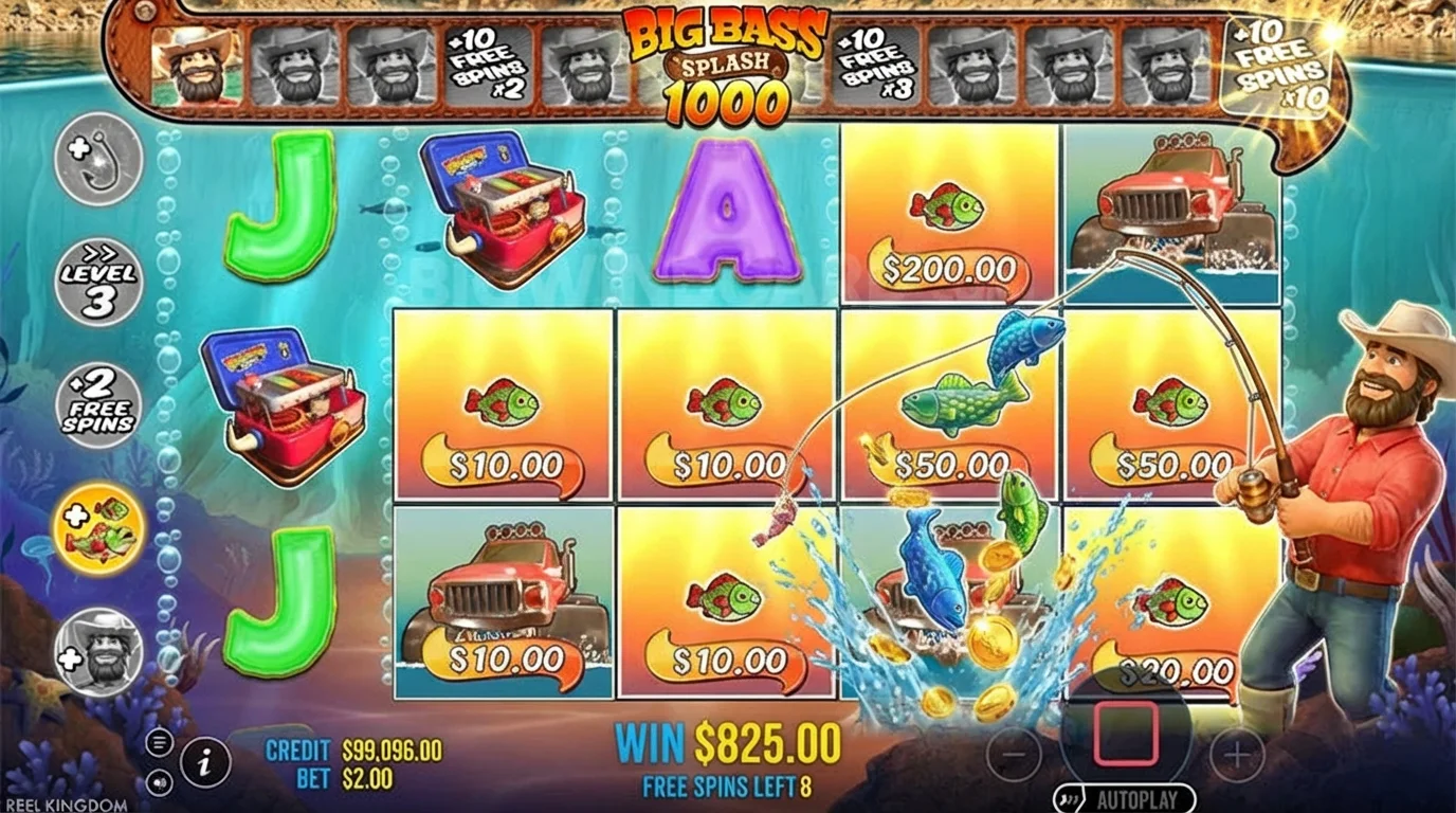 Big Bass Splash 1000 free spins bonus feature with fisherman collecting fish