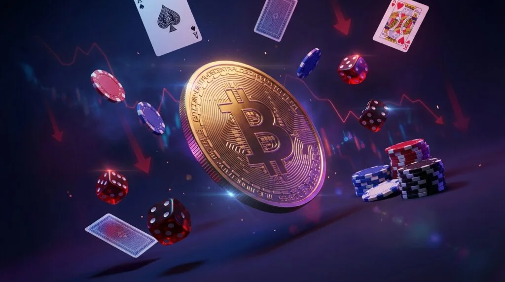 Bitcoin falling with casino elements - dice, chips, and cards against a dark background with red downward arrows