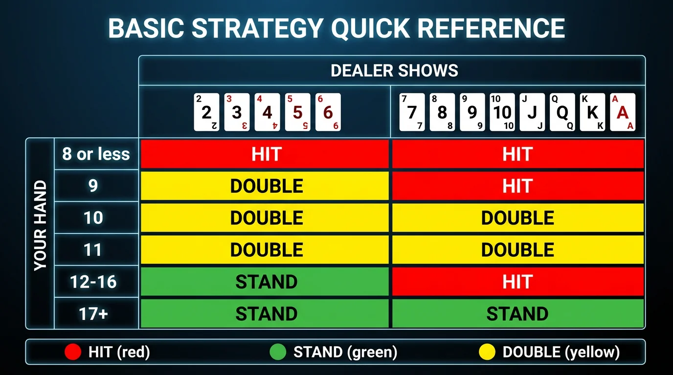 Blackjack basic strategy quick reference chart showing when to hit, stand, or double