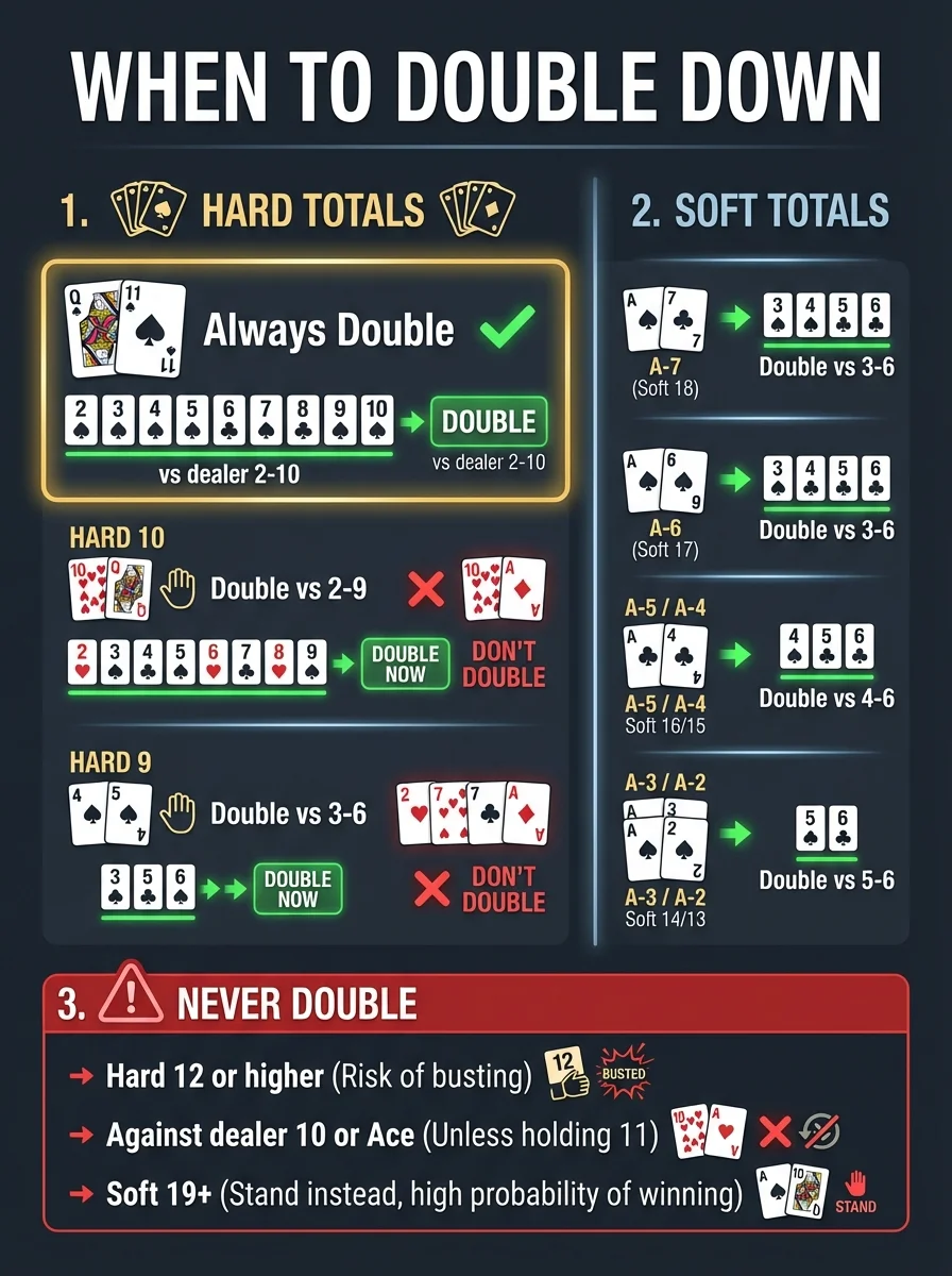Blackjack double down strategy chart showing when to double on hard 11, 10, 9 and soft hands A-7 through A-2 based on dealer upcard