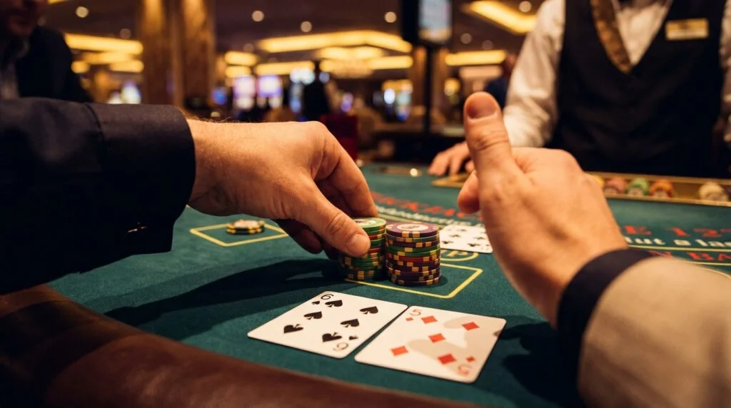 Player doubling down in blackjack with 6 and 5 cards showing 11, placing additional chips and signaling with one finger