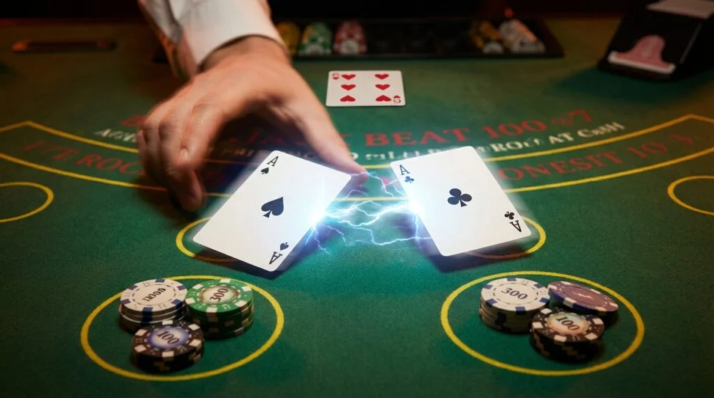 Pair of Aces being split on blackjack table with energy effect showing the splitting action, dealer card visible
