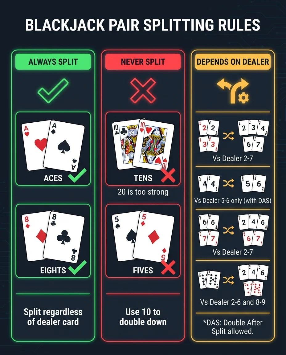 Blackjack splitting rules infographic showing always split aces and eights, never split tens and fives, and conditional splits based on dealer card