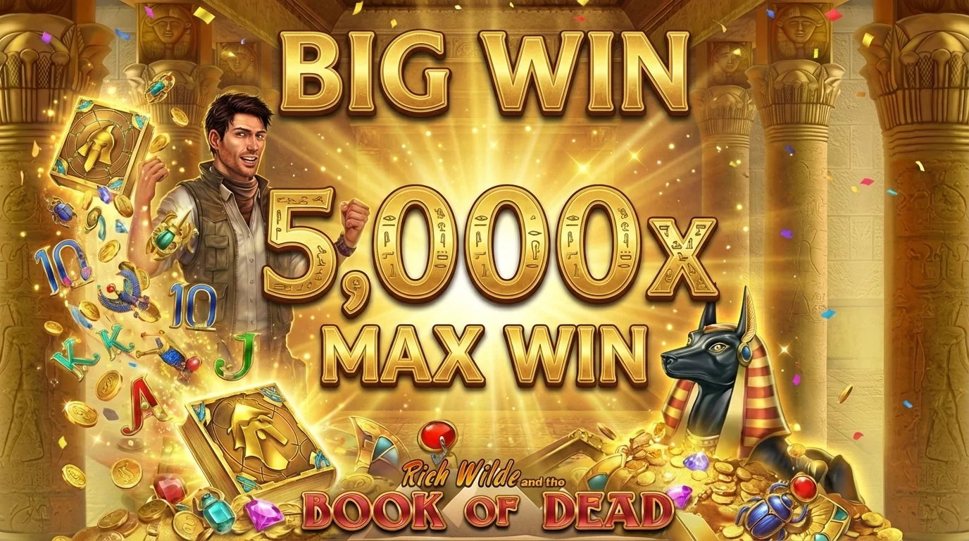 Book of Dead slot big win celebration showing 5000x maximum win