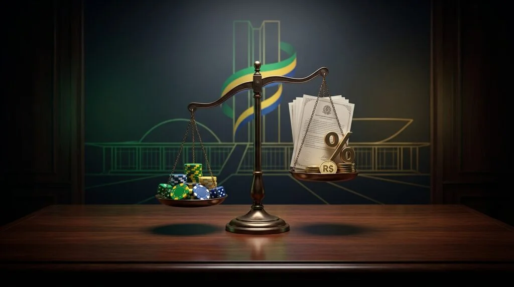 Brazil gambling tax increase to 15% - scales of justice, casino chips, tax documents, Brazilian flag