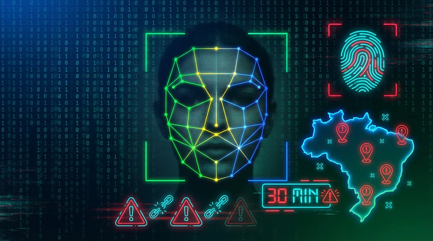 Brazil gambling regulations featuring facial recognition scan, fingerprint, geolocation map and 30-minute verification timer