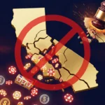 California AB 831 sweepstakes casino ban illustration showing state shape cracking with casino chips falling and gavel striking