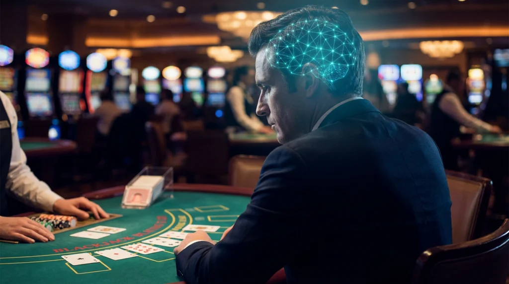 Blackjack player at casino table with neural network brain visualization showing mental card counting is legal