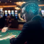 Blackjack player at casino table with neural network brain visualization showing mental card counting is legal