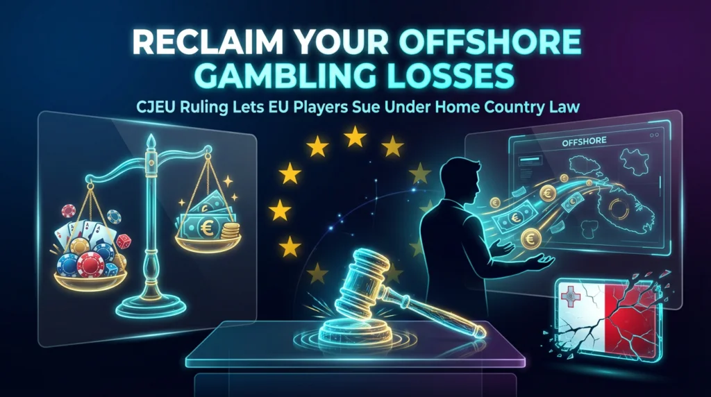 EU court scales of justice with casino chips and Euro currency, gavel, CJEU ruling enables players to sue offshore operators under home country law