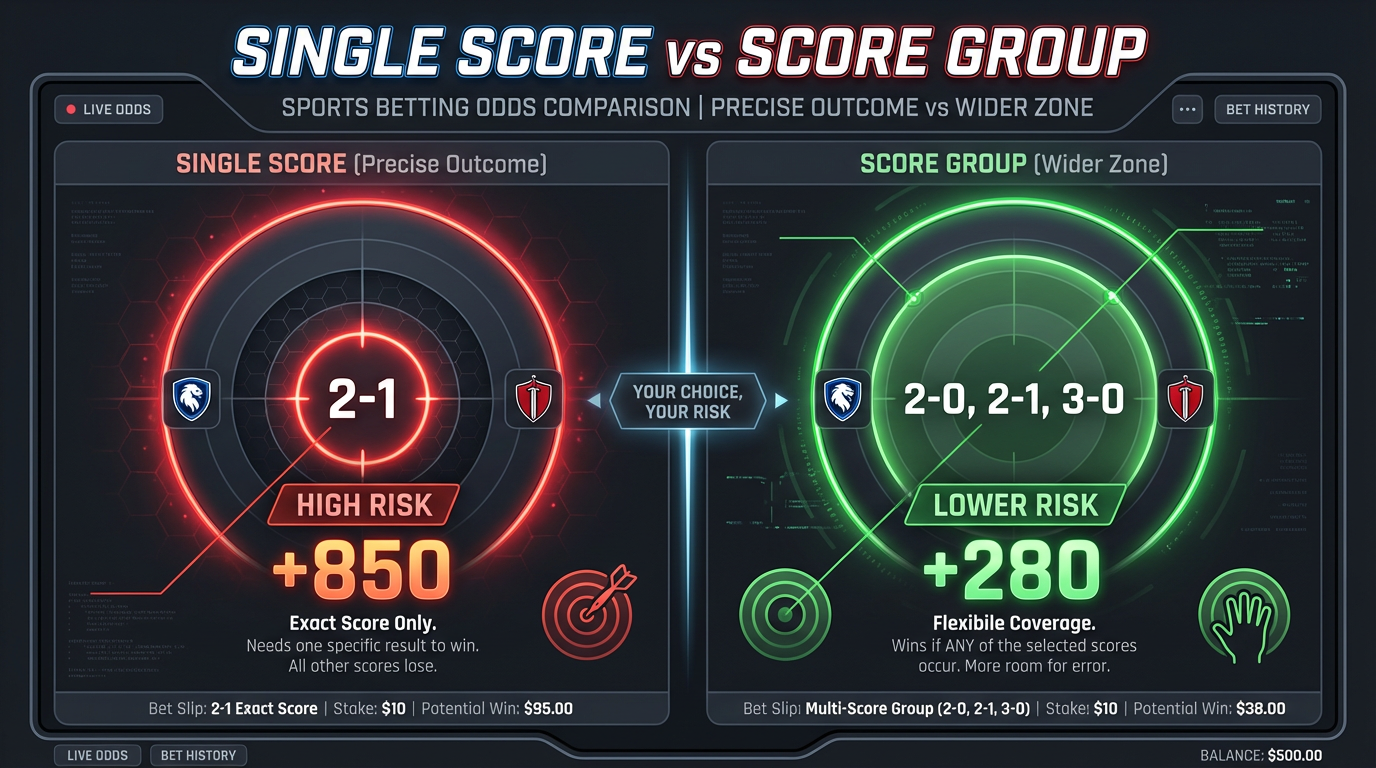 Comparison of single correct score bet vs correct score group bet