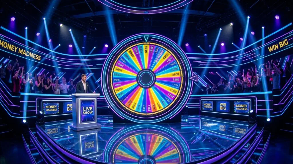 Crazy Time live casino game show with colorful money wheel