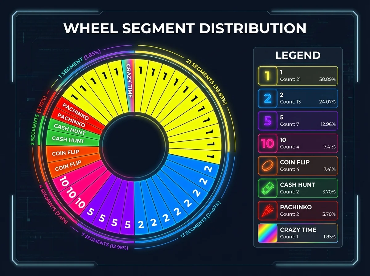 Crazy Time wheel showing all 54 segments with distribution percentages