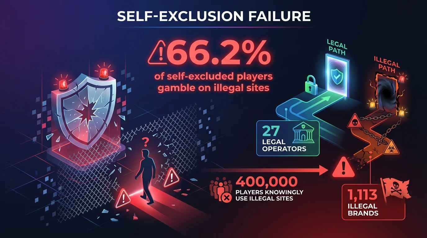66.2% of self-excluded Czech players gamble on illegal sites - infographic showing responsible gambling failure