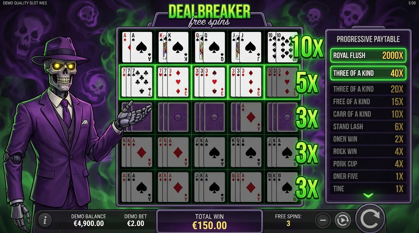 Deal with Death slot Dealbreaker bonus feature with progressive poker paytable