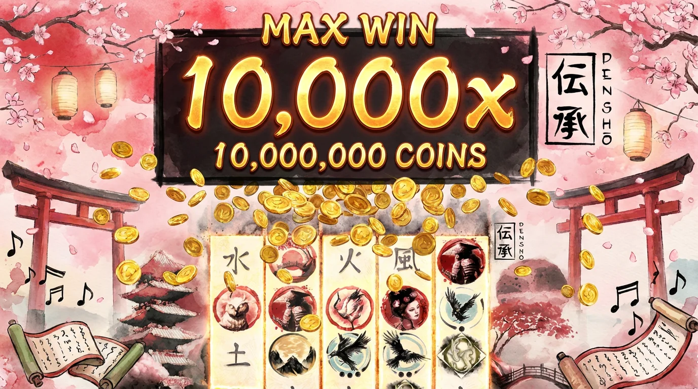 Densho slot big win celebration showing maximum win potential