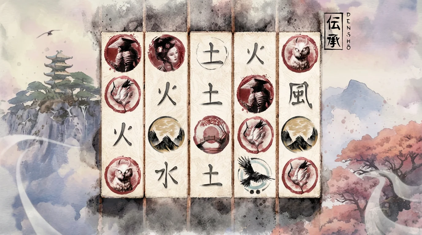 Densho slot game reels showing Japanese watercolor theme with samurai and geisha symbols
