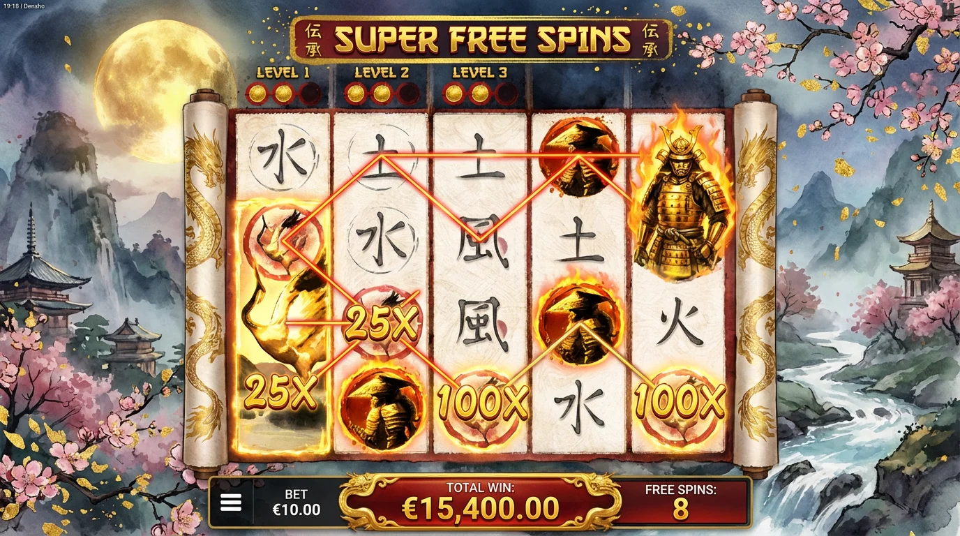 Densho Super Free Spins with trackers starting at level 2
